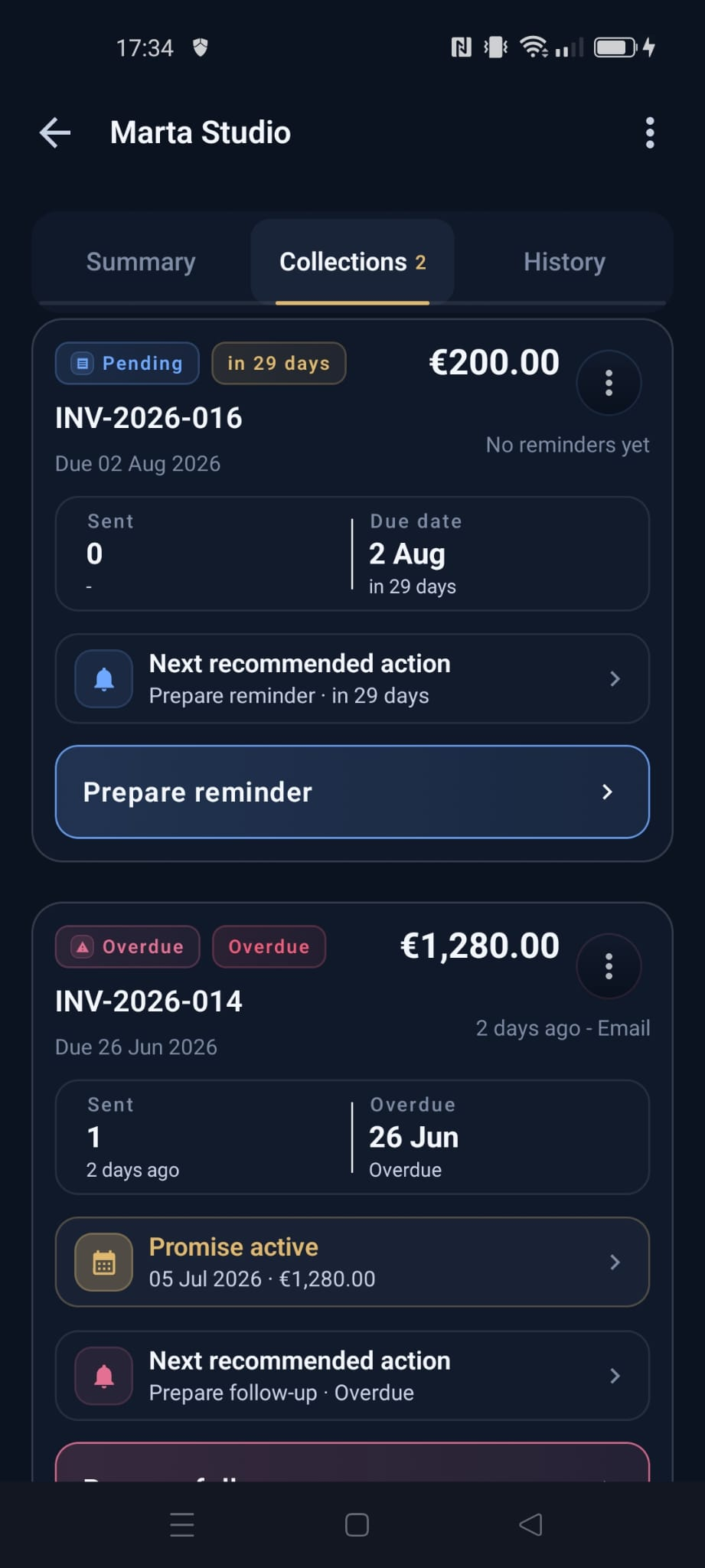 PaidSoon app screen showing next follow-up actions, promises, and invoice reminders.