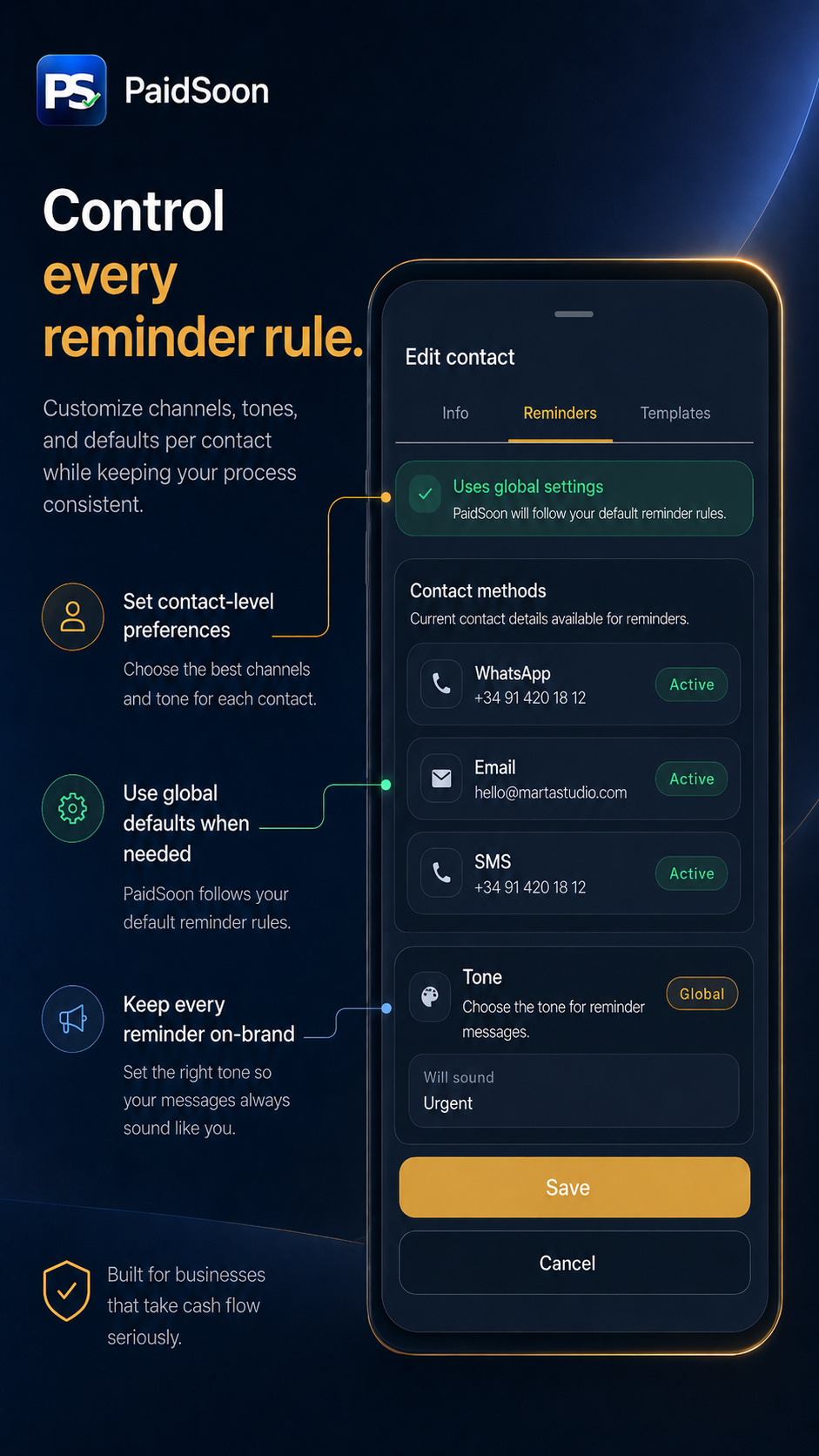 PaidSoon marketing screen showing reminder settings, contact methods, and tone preferences.