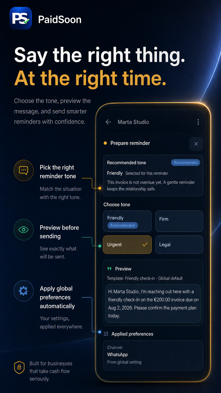 PaidSoon marketing screen showing reminder tone selection and message preview.